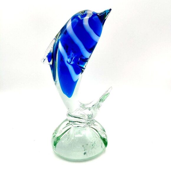 Vintage Striped Glass Dolphin Hand Blown Blue White Art Glass Sculpture 7" Rare - Picture 1 of 13